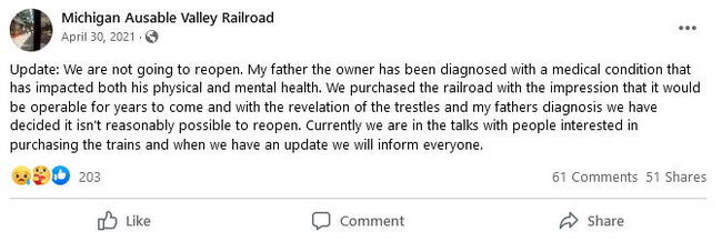 Michigan AuSable Valley Railroad - Facebook Post On Closing From Owners